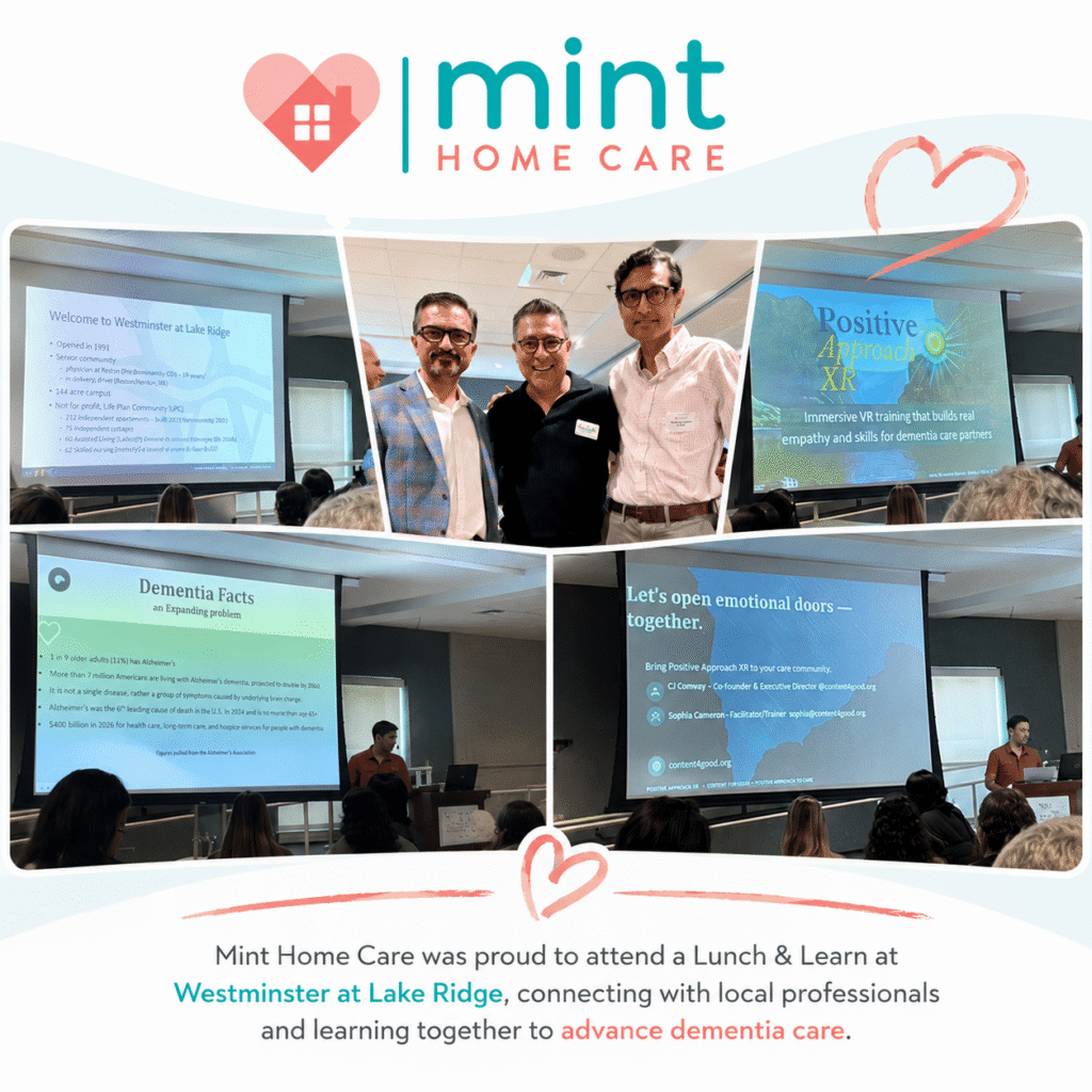 Mint Home Care Connects with the Community at Westminster at Lake Ridge - Mint Home Care Providers Mint Home Care event collage: presenters and attendees with slides about dementia care at Westminster at Lake Ridge.